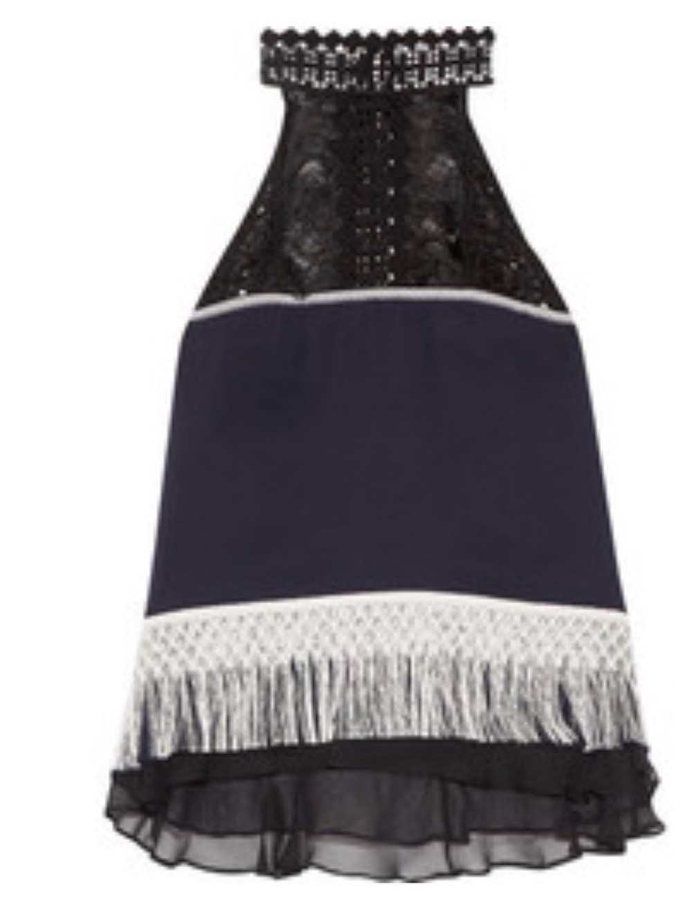 Jonathan Simkhai Black and Navy Halter Lace Fringe Blouse